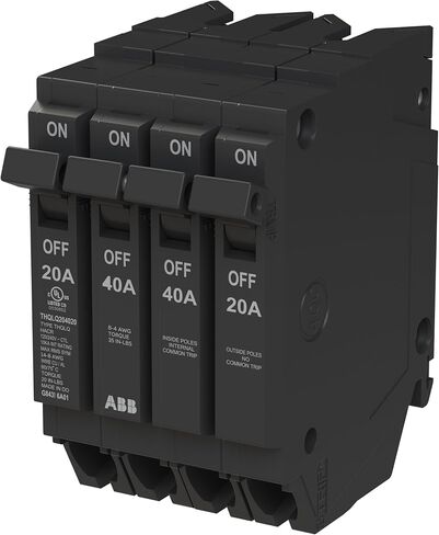 قاطع دائرة رباعي ABB Q-Line® THQLQ204020 • تكوين 20A/1P، 40A/2P، 20A/1P • 120/240 VAC • تصنيف مقاطعة 10 kAIC • قاطع توصيل مغناطيسي حراري لمراكز التحميل in Kuwait