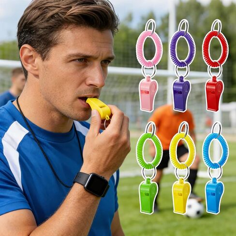 30 Pack Sport Whistles with Bracelet, Bulk Whistle Keychain with Stretchable Coil Wrist for Coaches Adult Soccer Emergency Training - 6 Colors in Kuwait