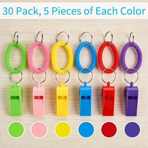 30 Pack Sport Whistles with Bracelet, Bulk Whistle Keychain with Stretchable Coil Wrist for Coaches Adult Soccer Emergency Training - 6 Colors in Kuwait