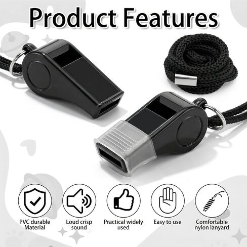 2PCS Black Coach Whistle with Lanyard, High-Pitched Plastic Whistles Emergency Loud Crisp Sound for Soccer Coach Outdoor Safety Referee Lifeguard Teachers Dog Training in Kuwait