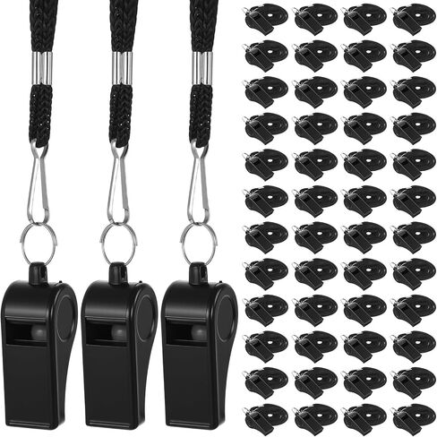 MAQUITA 48 Pcs Black Plastic Whistles Bulk with Lanyard Sports Loud Crisp Sound Whistles for Coach Referees Training Emergency in Kuwait