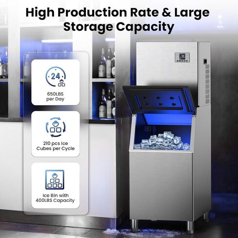 650Lbs/24h Commercial Ice Maker Machine,Storage 400Lbs,Ice Ready in 5-15 min,with Self-Cleaning Mode & Timing Function,201 Stainless Steel Industrial Ice Machine,for Restaurant,Cafe,Bar,etc in Kuwait