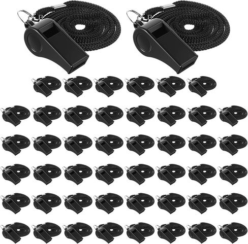 MAQUITA 48 Pcs Black Plastic Whistles Bulk with Lanyard Sports Loud Crisp Sound Whistles for Coach Referees Training Emergency in Kuwait