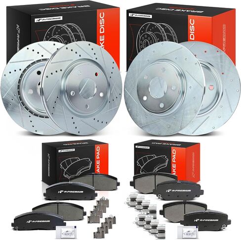 A-Premium Front & Rear Drilled and Slotted Disc Brake Rotors + Ceramic Pads Kit Compatible with Dodge, Chrysler, Ram and Volkswagen Models - Town & Country, Grand Caravan, Journey, C/V, Routan in Saudi Arabia