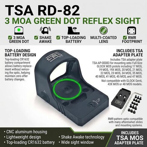 TSA® Red Dot Optic Sight Green 3 MOA Dot - Shake Awake، RMR Footprint - علبة البطارية العلوية - متضمنة. لوحة محول لـ Glock® MOS 17 19 19X Gen3 - Gen5 وPicatinny Mount in Kuwait