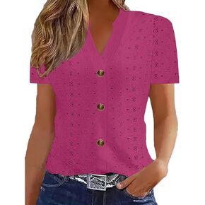 Womens Tops Eyelet Embroidery Short Sleeve Shirts Summer V Neck Button Down Blouses Elegant Comfy Business Tunic Tees in Kuwait