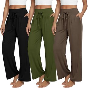 3 Pack Women's Wide Leg Yoga Pants High Waisted Drawstring Lounge Pants Comfy Loose Casual Pajama with Pockets(Black, Army Green, Coffee,Medium) in Kuwait