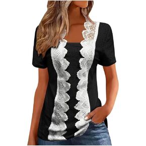 Eyelet Tops for Women Lace Trim Shirt Short Sleeve Solid Color Casual Blouse Loose Vacation Tops Summer Trendy Outfits in Kuwait