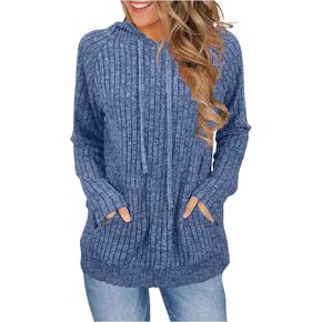 Ribbed Sweatshirts for Women Oversized Crewneck Casual Long Sleeve Loose Fit Stretchy Cute Fall Tunic Tops with Pocket in Kuwait