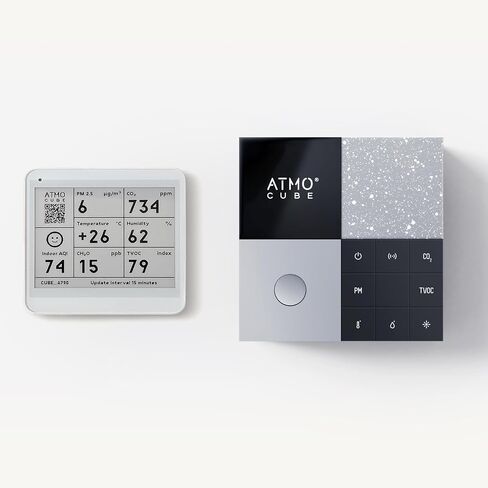 جهاز مراقبة جودة الهواء الداخلي الاحترافي من Atmocube مع شاشة حبر إلكتروني لاسلكية - مستشعر ذكي 12 في 1 لثاني أكسيد الكربون، PM2.5، الفورمالديهايد، TVOC، أكاسيد النيتروجين، الضوضاء والضوء | واي فاي، إيثرنت وPoE | مكتب، التدفئة والتهوية وتكييف الهواء in Kuwait