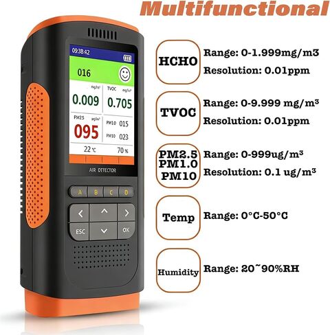 Indoor Air Quality Tester, 7-in-1 Accurate HCHO Formaldehyde TVOC Meter PM2.5 PM1.0 PM10 Detector, Portable Temperature Humidity Meter for Home Office Car, 2.8" HD Display, Sound & Color Alarm in Kuwait