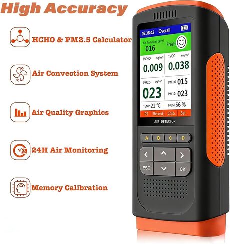 Indoor Air Quality Tester, 7-in-1 Accurate HCHO Formaldehyde TVOC Meter PM2.5 PM1.0 PM10 Detector, Portable Temperature Humidity Meter for Home Office Car, 2.8" HD Display, Sound & Color Alarm in Kuwait