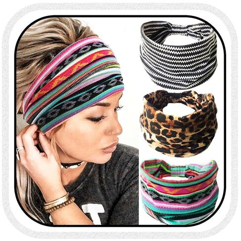 عصابات رأس GORTIN Boho عصابات شعر الفهد، عصابة رأس عمامة معقودة، لفافات رأس قابلة للتمدد، قماش مخطط للنساء والفتيات 3 قطع (أنيق) in Kuwait