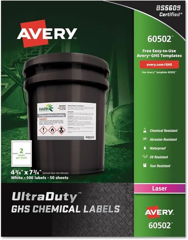 Avery-Dennison 60502 UltraDuty GHS Chemical Labels, White - 4.75 x 7.75 in. in Kuwait