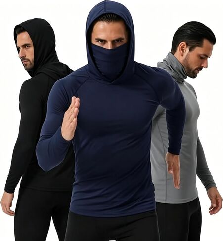 3/6 حزمة رجل حماية من الشمس الصيد هوديي مع قناع الوجه UPF 50 + كم طويل ضغط العمل قميص البناء سريعة الجافة in Kuwait