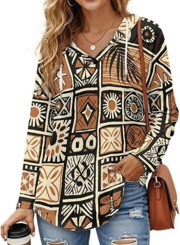 POLERO Vintage Hoodies for Women Lightweight Sweatshirts Long Sleeve Tunic Tops V Neck Pullover Tops in Kuwait