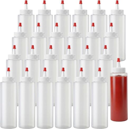 24 Pack 8.5 oz Plastic Condiment Squeeze Bottles with Red Tip Cap Squirt Bottle for Sauces Oil Vinegar BBQ Ketchup Dressing Syrup Clear Leakproof in Kuwait