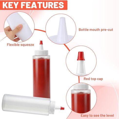 24 Pack 8.5 oz Plastic Condiment Squeeze Bottles with Red Tip Cap Squirt Bottle for Sauces Oil Vinegar BBQ Ketchup Dressing Syrup Clear Leakproof in Kuwait