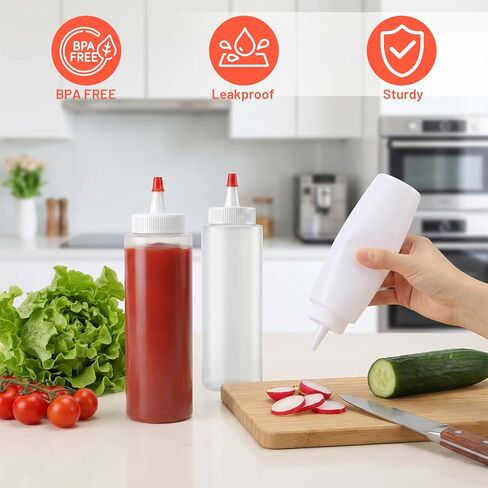 24 Pack 8.5 oz Plastic Condiment Squeeze Bottles with Red Tip Cap Squirt Bottle for Sauces Oil Vinegar BBQ Ketchup Dressing Syrup Clear Leakproof in Kuwait