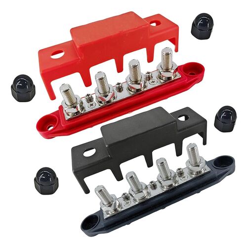 250A Bus Bar Power Distribution Block 12V / 24V / 48V - 4-Post 3/8 '' (M10) ترصيع مع غطاء - للبحرية، السيارات، الطاقة الشمسية، RV، أنظمة بطاريات القوارب - مجموعة زوج أحمر وأسود in Kuwait