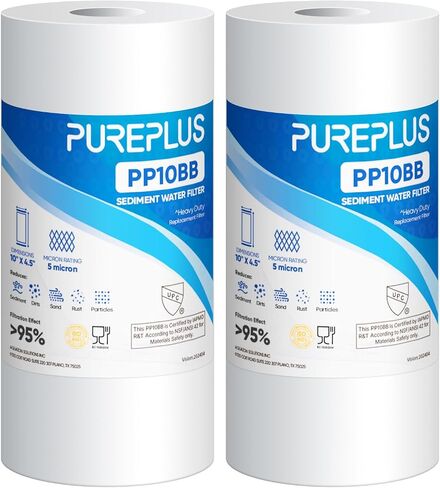 PUREPLUS 5 ميكرون 10 × 4.5 بوصة خرطوشة بديلة لفلتر المياه المنزلي للرواسب المنزلية بالكامل لـ DGD-5005، RFC-BBSA، HD-950، WFHD13001B، W15-PR، GXWH30C، GXWH35F، Aqua-Pure AP817، PP10BB، عبوتان in Kuwait