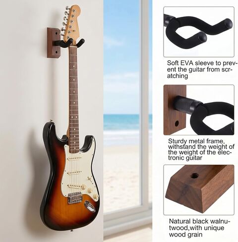 6 Pack Guitar Wall Mount with Rotatable Hook, Natural Wood Hardwood Guitar Stand Hanger for Acoustic, Electric, Bass, Mandolin - Space Saving Display & Secure Storage Solution in Kuwait