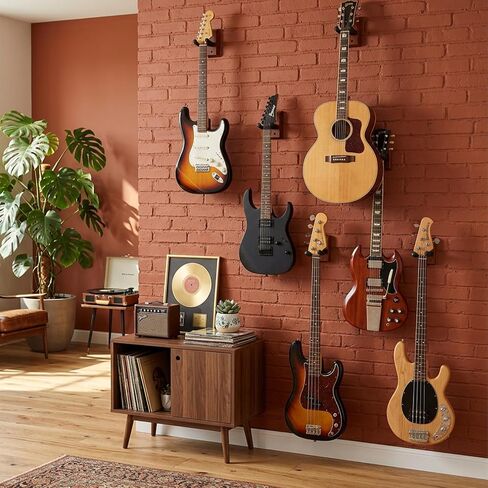 6 Pack Guitar Wall Mount with Rotatable Hook, Natural Wood Hardwood Guitar Stand Hanger for Acoustic, Electric, Bass, Mandolin - Space Saving Display & Secure Storage Solution in Kuwait