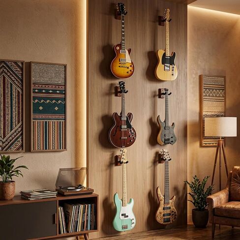 6 Pack Guitar Wall Mount with Rotatable Hook, Natural Wood Hardwood Guitar Stand Hanger for Acoustic, Electric, Bass, Mandolin - Space Saving Display & Secure Storage Solution in Kuwait