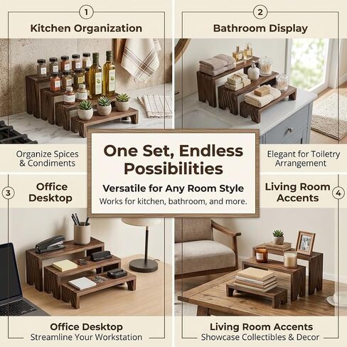 FUSHITON 8Pcs Wooden Display Risers Set, Solid Wood Tiered Stand for Perfumes, Jewellery, Collectibles, Cosmetics, Cupcakes and Party Food Display in Kuwait