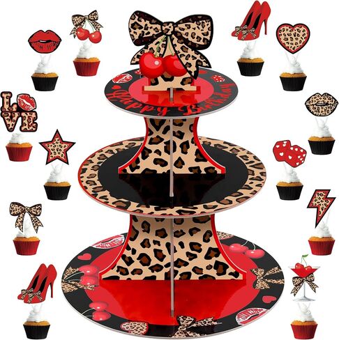 Cheetah Cherry Cupcake Stand with 24Pcs Cake Toppers 3 Tier Leopard Print Cardboard Dessert Holder Red Black Cherries Bow Cake Decorations for Women Girls Birthday Bachelorette Party Supplies in Kuwait