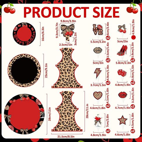 Cheetah Cherry Cupcake Stand with 24Pcs Cake Toppers 3 Tier Leopard Print Cardboard Dessert Holder Red Black Cherries Bow Cake Decorations for Women Girls Birthday Bachelorette Party Supplies in Kuwait
