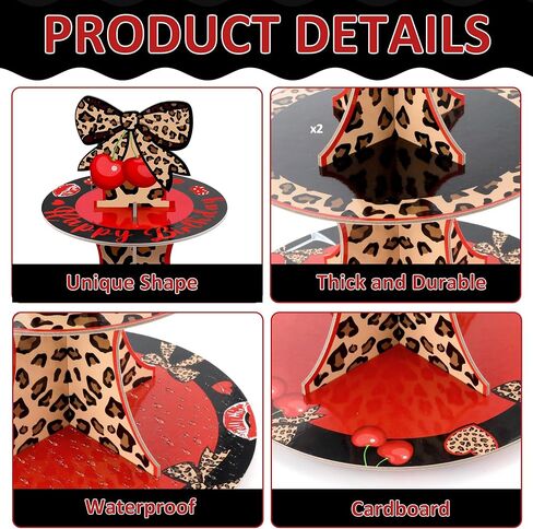 Cheetah Cherry Cupcake Stand with 24Pcs Cake Toppers 3 Tier Leopard Print Cardboard Dessert Holder Red Black Cherries Bow Cake Decorations for Women Girls Birthday Bachelorette Party Supplies in Kuwait