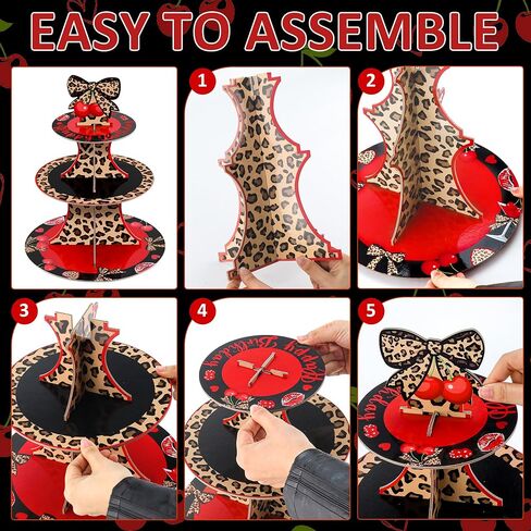 Cheetah Cherry Cupcake Stand with 24Pcs Cake Toppers 3 Tier Leopard Print Cardboard Dessert Holder Red Black Cherries Bow Cake Decorations for Women Girls Birthday Bachelorette Party Supplies in Kuwait