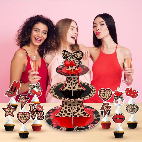 Cheetah Cherry Cupcake Stand with 24Pcs Cake Toppers 3 Tier Leopard Print Cardboard Dessert Holder Red Black Cherries Bow Cake Decorations for Women Girls Birthday Bachelorette Party Supplies in Kuwait