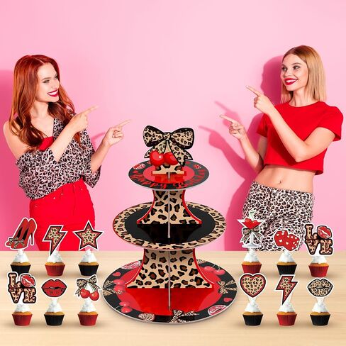 Cheetah Cherry Cupcake Stand with 24Pcs Cake Toppers 3 Tier Leopard Print Cardboard Dessert Holder Red Black Cherries Bow Cake Decorations for Women Girls Birthday Bachelorette Party Supplies in Kuwait