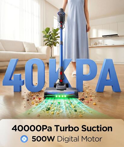 مكنسة كهربائية لاسلكية S10، 40 كيلو باسكال/500 واط/45 دقيقة، شاشة LED، مكنسة كهربائية خفيفة الوزن 8 في 1 للمنزل مع ضوء LED أخضر، ترشيح 6 مراحل، تصميم قائم بذاته، أزرق in Kuwait