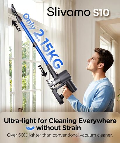 مكنسة كهربائية لاسلكية S10، 40 كيلو باسكال/500 واط/45 دقيقة، شاشة LED، مكنسة كهربائية خفيفة الوزن 8 في 1 للمنزل مع ضوء LED أخضر، ترشيح 6 مراحل، تصميم قائم بذاته، أزرق in Kuwait