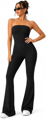 Jumpsuits for Women Ribbed Jumpsuit Strapless Yoga Jumpsuit Hip-All-in-One Lifting Flared Tights in Saudi Arabia