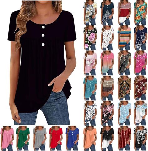 Summer Tops for Women 2026 Trendy Hide Belly Short Sleeve Shirt Henley Button V Neck T Shirts Curved Hem Flowy Blouse in Kuwait