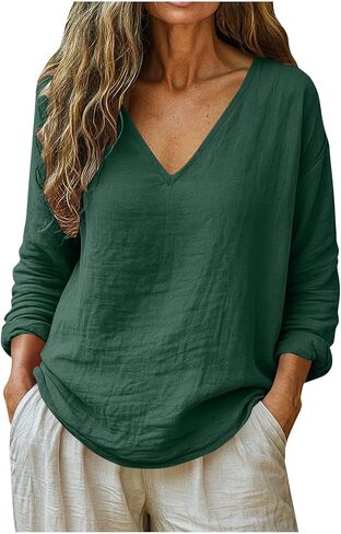 Cotton Linen Shirts for Women Trendy Long Sleeve V Neck Tops Casual Loose Solid Color Blouse Summer Beach Boho Outfits in Kuwait