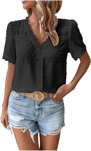 Womens Tops Swiss Dot V Neck Casual Shirts Summer Boho Vacation T Shirts Lace Trim Short Sleeve Bohemian Blouse in Kuwait