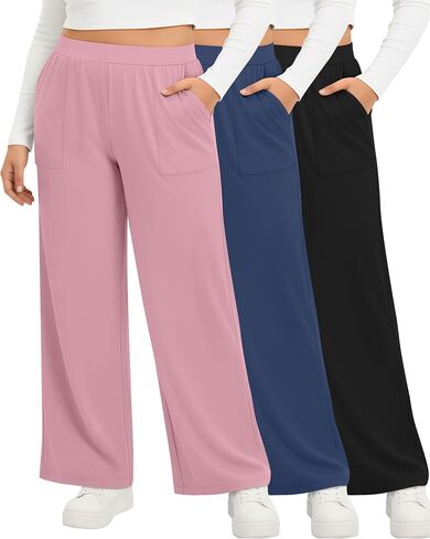3 Pack Women's Plus Size Pants Wide Leg High Waisted Yoga Sweatpants with Pockets Loose Comfy Lounge Pajamas Pants(Black, Denim Blue, Pink,3X-Large) in Kuwait