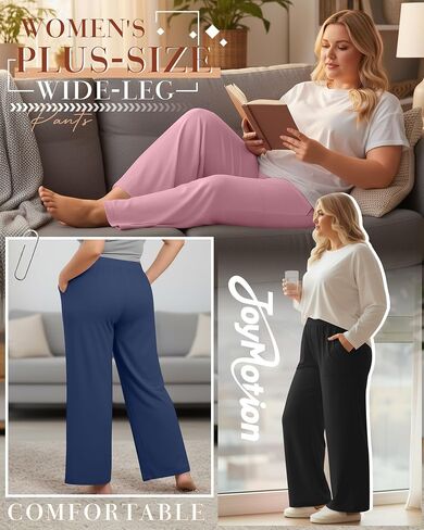 3 Pack Women's Plus Size Pants Wide Leg High Waisted Yoga Sweatpants with Pockets Loose Comfy Lounge Pajamas Pants(Black, Denim Blue, Pink,3X-Large) in Kuwait