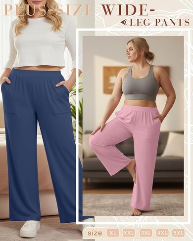 3 Pack Women's Plus Size Pants Wide Leg High Waisted Yoga Sweatpants with Pockets Loose Comfy Lounge Pajamas Pants(Black, Denim Blue, Pink,3X-Large) in Kuwait