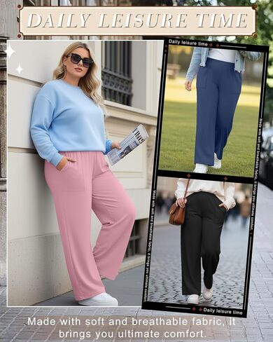 3 Pack Women's Plus Size Pants Wide Leg High Waisted Yoga Sweatpants with Pockets Loose Comfy Lounge Pajamas Pants(Black, Denim Blue, Pink,3X-Large) in Kuwait
