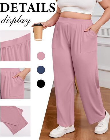 3 Pack Women's Plus Size Pants Wide Leg High Waisted Yoga Sweatpants with Pockets Loose Comfy Lounge Pajamas Pants(Black, Denim Blue, Pink,3X-Large) in Kuwait