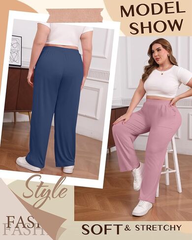 3 Pack Women's Plus Size Pants Wide Leg High Waisted Yoga Sweatpants with Pockets Loose Comfy Lounge Pajamas Pants(Black, Denim Blue, Pink,3X-Large) in Kuwait