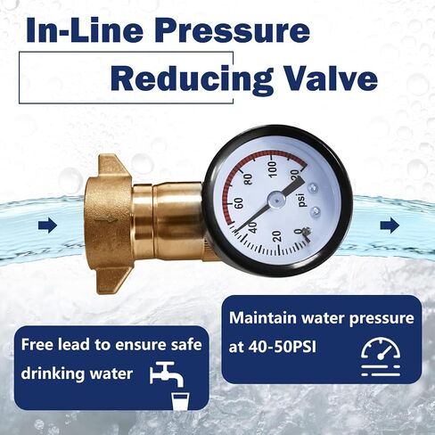 منظم ضغط مياه نحاسي RV (40-50PSI) مع شاشة قياس وفلتر، 3/4 بوصة NH خالية من الرصاص ضغط خرطوم المياه، لعربة RV، مقطورة السفر، نظام سباكة RV - مقياس سهل القراءة in Kuwait
