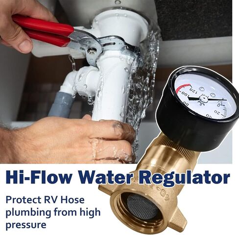 منظم ضغط مياه نحاسي RV (40-50PSI) مع شاشة قياس وفلتر، 3/4 بوصة NH خالية من الرصاص ضغط خرطوم المياه، لعربة RV، مقطورة السفر، نظام سباكة RV - مقياس سهل القراءة in Kuwait