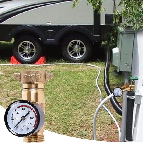 منظم ضغط مياه نحاسي RV (40-50PSI) مع شاشة قياس وفلتر، 3/4 بوصة NH خالية من الرصاص ضغط خرطوم المياه، لعربة RV، مقطورة السفر، نظام سباكة RV - مقياس سهل القراءة in Kuwait